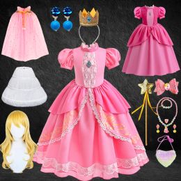 Jurken Game Films Verjaardagsfeestje Meisjes Prinses Perzikjurk Gala Roze Bladerdeeg Mouw Kant Lange Jurken Aurora Halloween Cosplay Kostuum