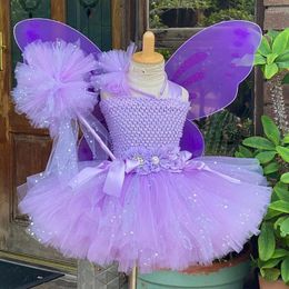 Jurken meisje jurken meisjes paarse vlinder Fairy jurk baby glitter tule tutus bloem met vleugel en haarbow kinderen feestkostuum pailletten pailletten