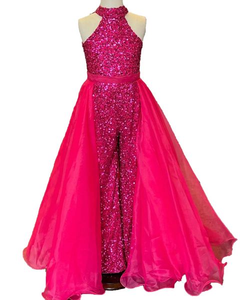 Vestidos Chica Pageant Romper Vestido 2023 Overskirt Lentejuelas Kid Cumpleaños Fiesta Formal Mono Vestido Niño Preadolescente Adolescente Little Miss Rising St