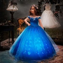 Robes Robes de Fille Uporpor Filles Cendrillon Princesse Robe Lumineuse LED pour Noël Fête d'anniversaire Cosplay Fille Venez Enfants Fantaisie Bleu