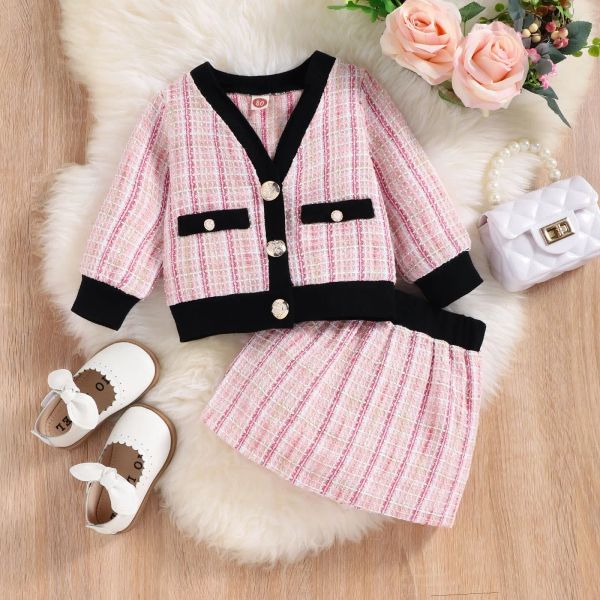 Vestidos Niñas Conjunto de ropa a cuadros clásico Chaquetas de punto + Faldas a cuadros Bebé Niña Niños Niños elegantes Ropa de primavera y otoño Trajes