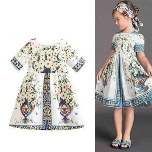 Jurken Meisjesjurken Kinderen Koninklijk Vintage Prinsessenjurken met korte mouwen Babymeisje Italiaanse stijl Lente Chrysant Vaas Print Kleding G