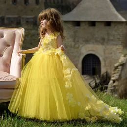 Robes filles jaunes 3d princesse fleur appliques florales robe de fête d'anniversaire