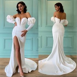 Robes glamour sirène illusion chêne bouton de mariée divisée robe de mariée manches gonflées robe de mariee