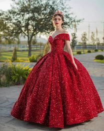 Jurken glitter maskerade van quinceanera lovertjes prom jurk het schouderprinses meisje lange zoete solide kleur rood zwart