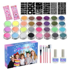 Jurken Glitter Tattoo Set Tijdelijke stencils Tatoeages Set voor kinderen Lichaam Gezicht Diamant Tattoo Kit 30 Kleuren Stage Party Art Verf Make-up