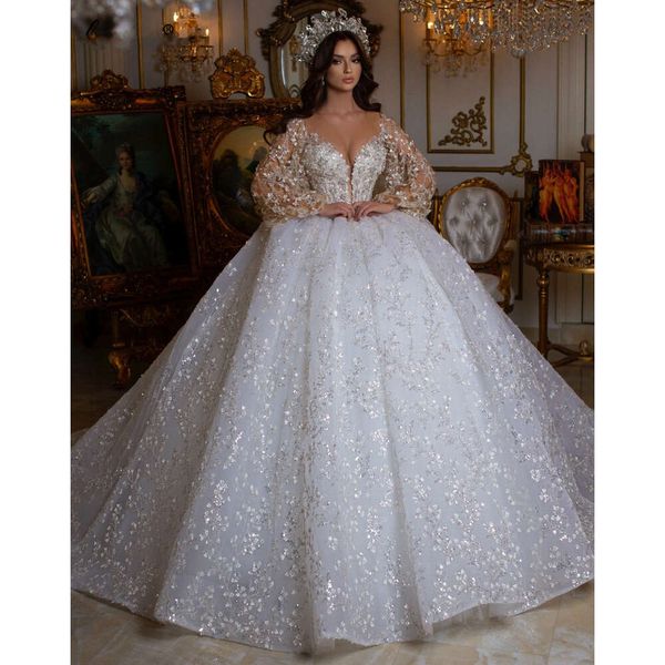 Robes Glitter Boule de mariage robe de bouée Sparkly D en dentelle appliques à manches longues Brides de mariée Robe nuptiale princesse pour femmes robes de mariage s