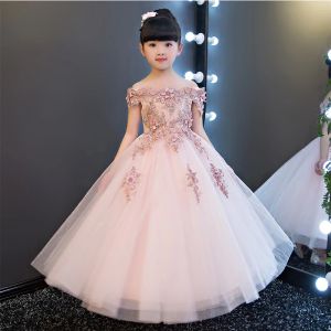 Jurken Glizt Girls Schouderloze trouwjurk Bead Appliques Party Tule Princess Birthday Jurken First Communion Toge voor meisjes