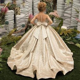 Jurken gouden meisje satijnen bloem voor bruiloften kant backless tule vintage kleine bruid optocht prinses kinderen eerste communie jurken