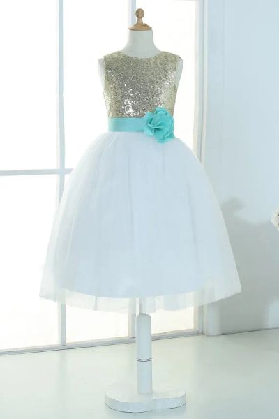 Vestidos Sequinas de oro Tulle Tulle Flower Girl Tutu Princess Kids Kids Junior Dramides Vestido con una hoja de menta desmontable para Weddi