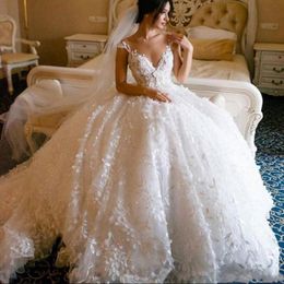Jurken Gorgeous Lace afgedekt lieverd 3D bloemen Appliques Ball Jurk Bridal Dress Count Train Country Wedding Vestidos ry