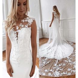 Jurken prachtige zeemeermin bruids bruidsjurk kanten applique mouwloze sweep trein schep nek op maat gemaakt strand land plus size vestido de novia