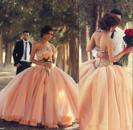 Jurken prachtige perzik quinceanera -jurken met kralen parels kristal gelaagde kogel jurk prom jurken gezwollen tule feestje optocht jurken brid
