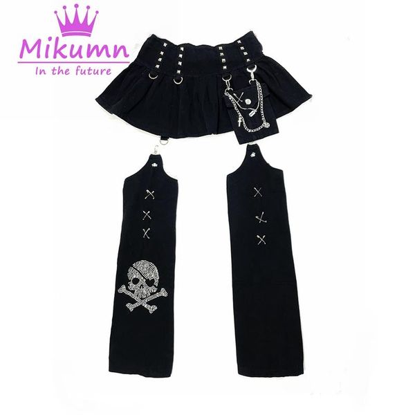 Robes Gothique Grunge Femmes Noir Rivet Chaîne Plissée Mini Jupe Haruku Streetwear Détachable Punk Crâne Taille Haute Pantalon Jupes