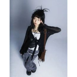 Robes Gothic Hollow Out Sun Protection Cardigan Y2K Vintage Aestage Femmes Été Fille Tricot Trigan Black Punk Haruku Pull