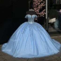 Vestidos Vestidos Blue Princess Ball Baby Prom Sequínas aplicadas fuera del hombro Vestido de Quinceanera Glitter Tulle 15 Masquerada Vestido
