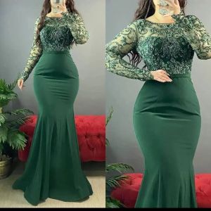 Jurken groene prom kristallen kralen lange mouwen schep nek zeemeermin ruches plekken vloer lengte op maat gemaakte avond feestjurken plus size vestidos