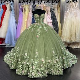 Kleider Grünes Quinceanera-Kleid, schulterfrei, Applikationen, 3D-Blumen, Prinzessin Sweet 16 Ballkleid