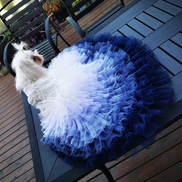Robes faites à la main vêtements pour chiens de luxe robe de princesse pour animaux de compagnie robe de traînée chat dentelle vaste océan bleu dégradé jupe en tulle chapelle train maltais