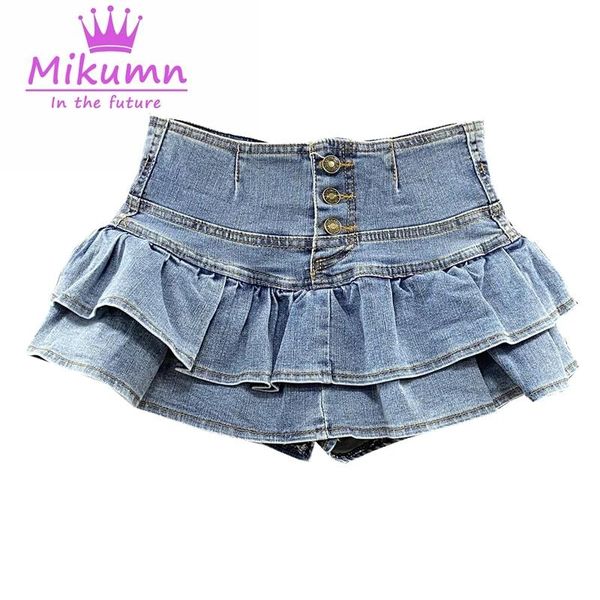 Vestidos Haruku Girl Cintura alta Volantes de un solo pecho Pastel Falda vaquera Mujer Verano Sexy Jeans Faldas Estudiantes Falda plisada Kawaii