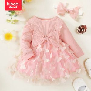 Jurken Hibobi 2 -stuks set lente baby meisje vlinder jurk modieuze en elegante ronde nek boog lange mouw jurk met hoofdband