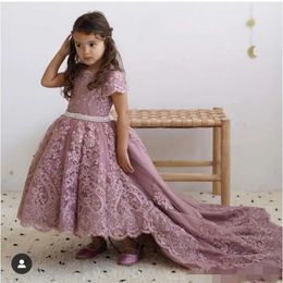 Robes High Girls Flow Fleur rose Low Dusty Train Tulle en dentelle Applique Pearls Saconnais Jewel Necy Birthday Pageant Party Robe 2020 NOUVEAU