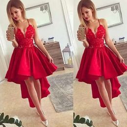 Jurken High Satin Low Lace Red Prom Spaghetti Brapt een lijn op maat gemaakte avondfeestjurken plus size vestidos formele staartjurk