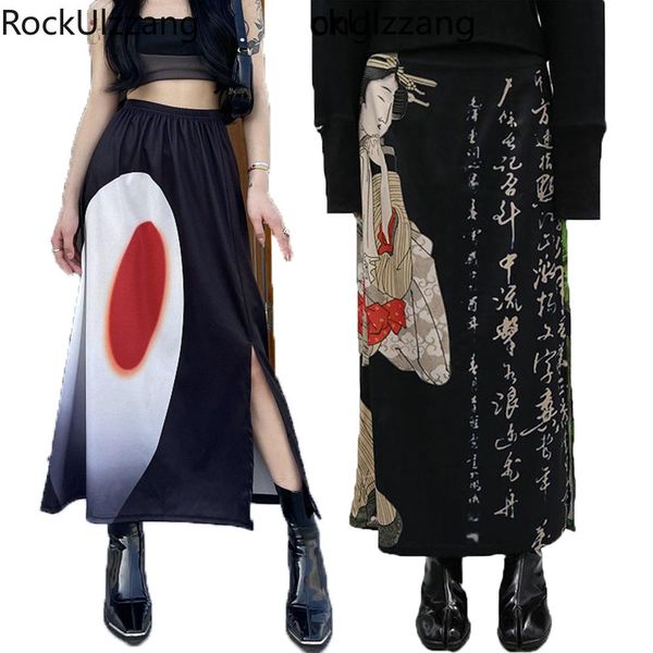 Vestidos High Split Maxi Long Black Falda elástica Falda midi de midi Haruku Gothic Japones Japones