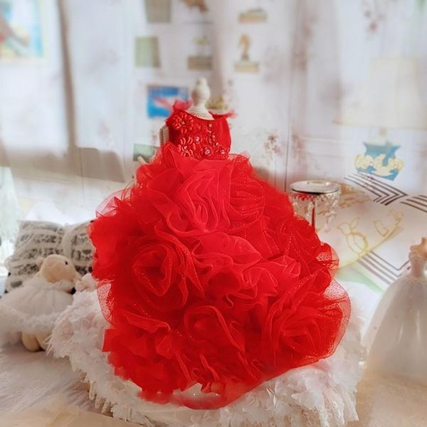 Vestidos Highend Hecho a mano Ropa de lujo para perros Vestido de arrastre Suministros para mascotas Falda rosa roja Princesa Una pieza Noble Fotografía navideña