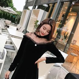 Vestidos hong kong estilo retro vestido de manga comprida renda hepburn pequena saia preta manga festa à noite dresscasual