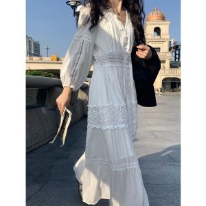 Houzhou Robe d'été blanche en dentelle pour femme - Style bohème - Surdimensionnée - Manches longues - En coton - Robe de plage décontractée - Mode coréenne chic