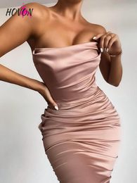 Jurken Hovon Strapless Sexy Satin Bodycon Party Maxi Dress Women High Split Backless Sexy jurken Draped Night Club Lange Jurk Vintage