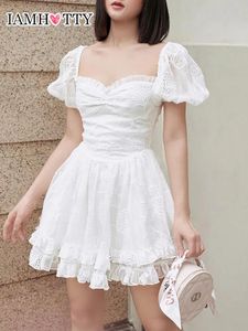 Jurken iamhotty jacquard witte baljurk jurk dames cascade ruche aline korset jurken elegante Koreaanse stijl modekleedjurk