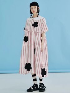 Robes Imakokoni Original lin couleur correspondant rayure verticale col bleu marine Pirnt fleurs robe rose pour les femmes mode d'été 223729