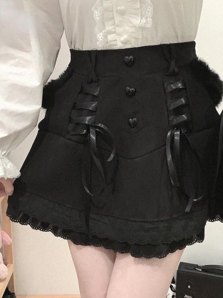 Vestidos Japonés Kawaii Lolita Mini Falda Mujer Invierno Gótico Corazón Botón Pastel Faldas Niñas Cintura Alta Vendaje Y2k Faldas Cortas Negras