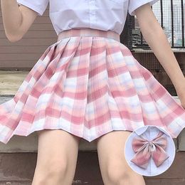 Vestidos Kawai Plaid Mujeres Faldas plisadas con nudo de arco Verano Cintura alta Preppy Girls Dance Mini falda Linda Una línea Haruku Japón Faldas