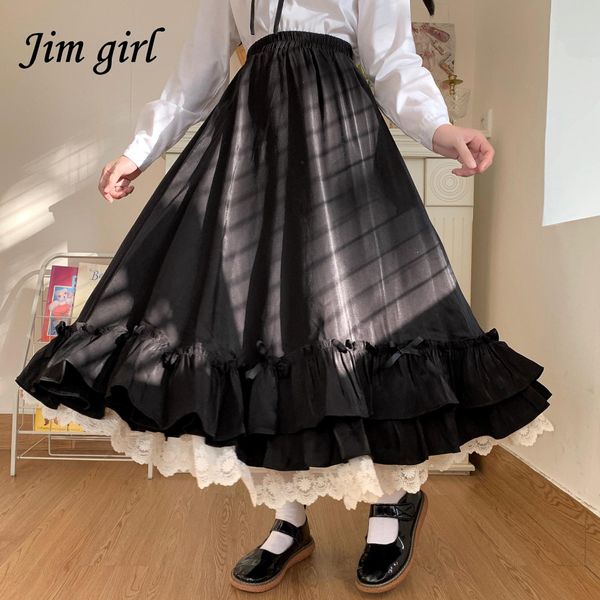 Robes Kawaii Midi Jupes Longues Femmes Multi Couche À Volants Goth Noir Jupes Plissées Japonais Haruku Doux Taille Haute Jupe Lolita Jupe