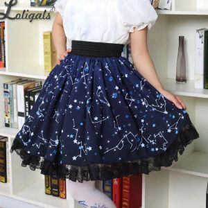 Vestidos Kawaii Mori Girl Falda Corta Dulce Azul Marino Noche Estrellada Falda Skater Impresa para Mujer