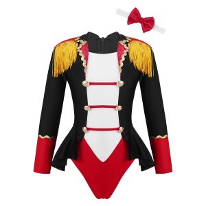 Jurken Kids Girls Circus Tuchard Jurk Lange mouwen Lange mouwen Tassel Ringmaster Cosplay Jumpsuit met Tie Sets Child Halloween Christmas Costume