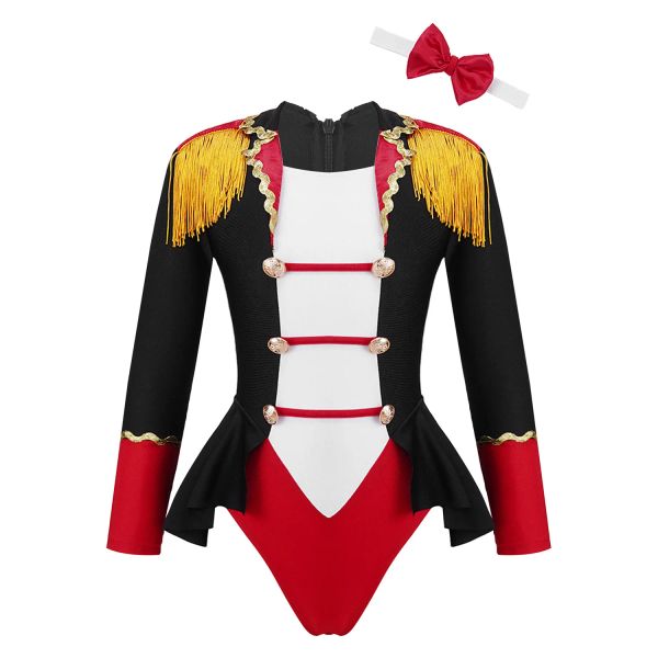 Robes Kids Girls Circus Leotard Robe à manches longues Tassel Ringmaster Cosplay Jumps Cost avec des ensembles de cravates Costume de Noël Halloween