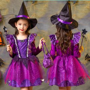 Jurken Kids Witch kostuum Halloween cosplay jurk Glittery prinsesjurk met hoed voor meisjes maskerade carnavalfeestje verkleedkleding