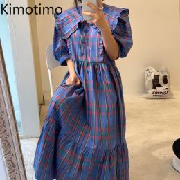 Robes Kimotimo rétro Plaid poupée col champignon bord robe femmes coréen été couleur simple boutonnage lâche robes manches bouffantes robes