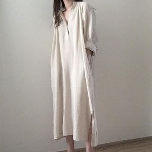 Robes Corée Design Preppy Style Shirts Shirts Robe Cotton Linen Automne Spring Summer Robe Loose Lazy Chic Femmes MIDI CONCUTH