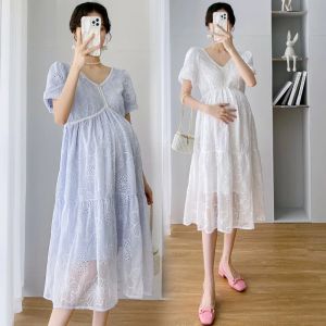 Jurken Koreaanse moederschapsjurken schattig elegant kant hoge taille cover buik uitgehold vestidos zwangerschapskleding voor zwangere vrouwen