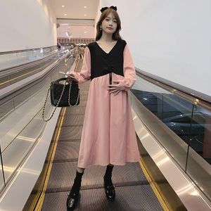 Jurken Koreaanse stijl moederschap herfstkleding zwart roze patchwork trekkoord zwangere vrouw chiffon jurk met lange mouwen zwangerschapsjurken