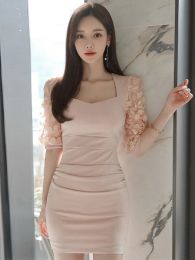 Robes Style coréen robes roses femmes pure maille panneau fleur manches plis taille haute enveloppement hanche robe courte femme fête Club robes