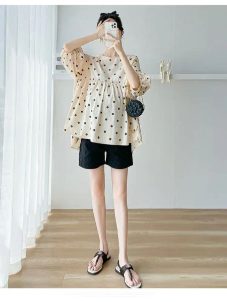 Vestidos Estilo coreano Summer Oneck media manga Maternidad Polk Dot camisas