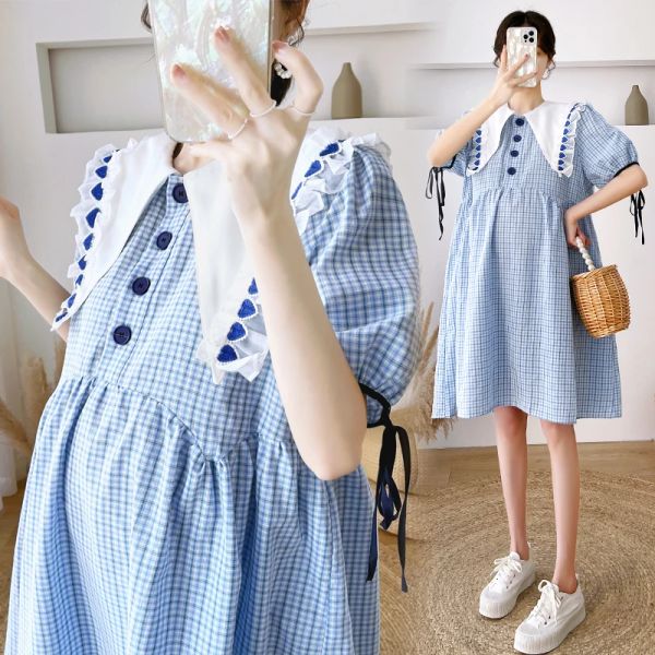 Robes Style coréen été femmes enceintes robe de soirée bleu Plaid Patchwork grand col Aline robe Preppy Style grossesse Mini robe