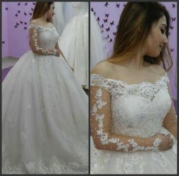 Jurken Lace Pearls kant van de schouder lange mouwen trouwjurk Festido de Noiva Princesa Vestidos de novia demontables falda
