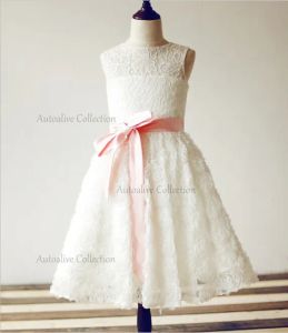 Jurken Lace Rosette Keyhole Flower Girl Jurk/Communie/Doop/Junior Bruidsmeisje Jurk/Baby Girl -jurk/Blush Pink Sash/Bow